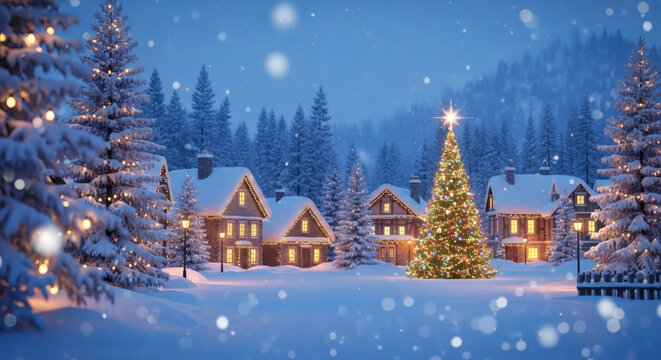 A picturesque winter wonderland comes alive, with cozy homes sparkling softly under the gentle snowfall, a central Christmas tree radiates warmth and joy.