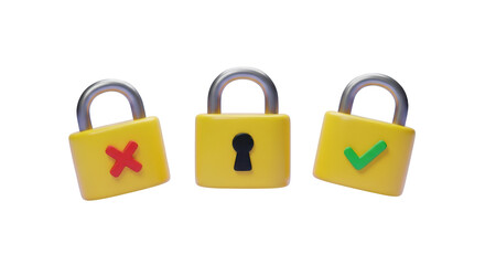 Three yellow padlocks with security symbols isolated on a transparent background keyhole