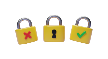 Three yellow padlocks with security symbols isolated on a transparent background keyhole