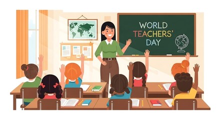 Happy World Teachers Day celebration illustration of a teacher and students in a classroom with a world map