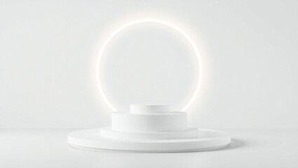 Minimalist white podium with glowing oval neon light