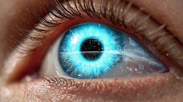 Mystical Gaze: A close-up shot of an eye, imbued with a striking glowing blue and futuristic essence, creating a captivating spectacle. 