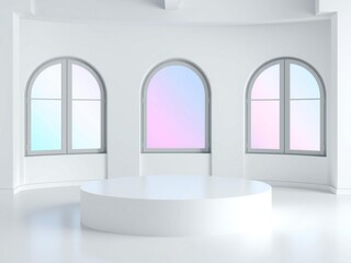 Minimalist interior with arched windows and a curved podium bathed in soft light