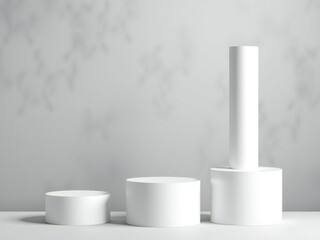 Minimalist white cylinders and pedestals on a textured gray background