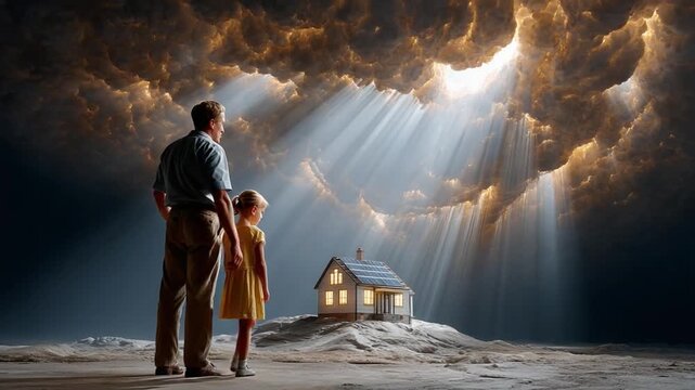 Beacon of Hope: A father and child stand side-by-side, gazing at the promise of light illuminating a quaint house, evoking a sense of hope and anticipation. 