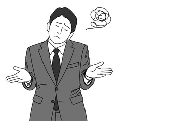両手を広げて肩をすくめる お手上げポーズのサラリーマン男性のイラスト 上半身正面 モノクロ