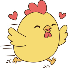 Cute chicken running joyfully with hearts around, expressing happiness and playfulness
