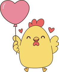 Obraz premium Cute chicken holding pink heart balloon, expressing joy and love 