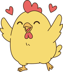 Cute chicken character with joyful expression and hearts around it, radiating happiness