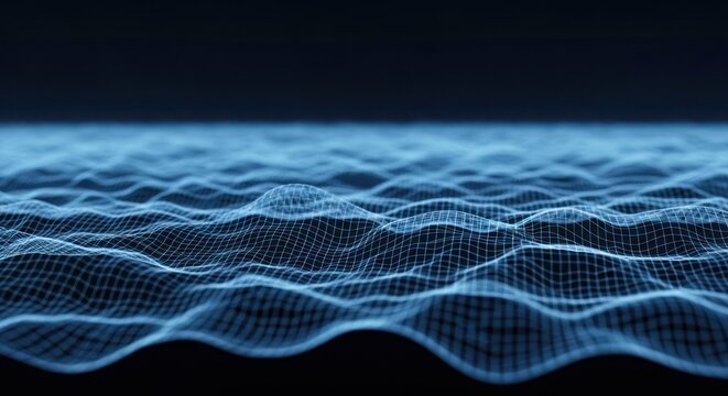Abstract blue digital landscape with glowing grid lines and smooth waves for technology backgrounds