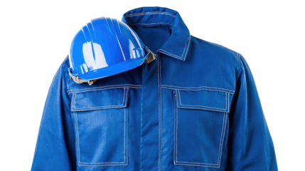 blue workwear uniform with helmet on white background