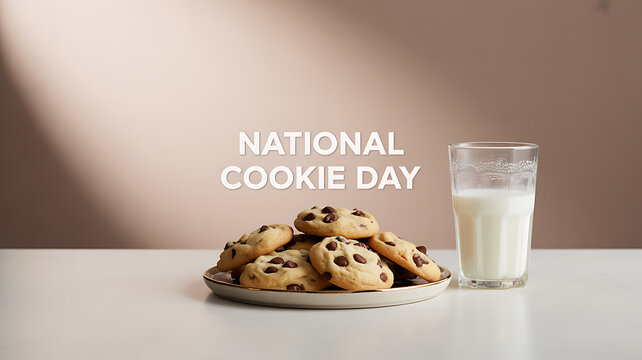 A plate of chocolate chip cookies and a glass of milk on a table with 'National Cookie Day' text displayed.