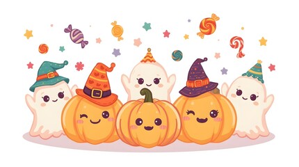 Naklejka premium Happy Halloween featuring cute ghosts and pumpkins, festive and fun