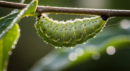 Naklejka premium A green caterpillar hangs from a branch covered in dew