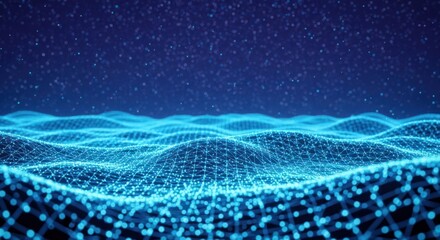 Abstract glowing digital landscape with interconnected dots and lines in blue tones