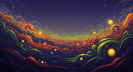 Abstract illustration with swirling colorful patterns and glowing orbs radiating light