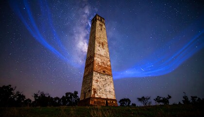 Tall brick tower under a starry night sky with light trails