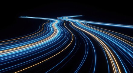 Abstract light trails on dark background representing speed technology future and data flow