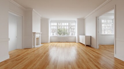 Obraz premium living. Minimalist living space with wooden floors and white walls, bathed in soft natural light for a tranquil ambiance. lifestyle magazines.
