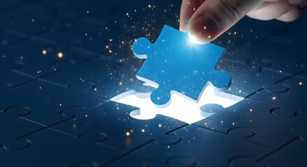 Hand placing glowing puzzle piece into missing spot, futuristic concept of solution, innovation, teamwork, and digital problem solving