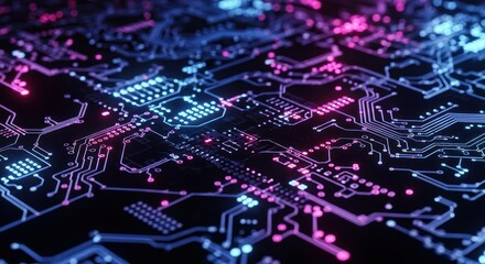 Abstract representation of a circuit board with glowing blue and pink connections symbolizing