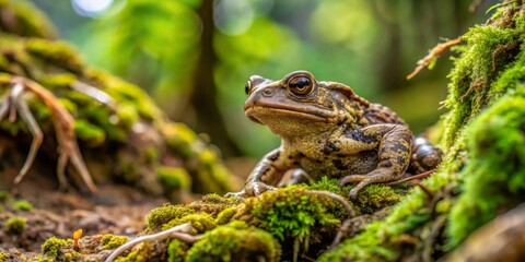 Fototapeta premium A Close-Up View of a Toad Perched on a Mossy Log in a Lush Forest