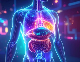 Luminous 3D anatomical rendering of internal organs