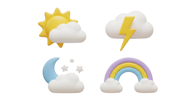 Weather icons sun cloud lightning moon stars rainbow isolated on a transparent background image - Powered by Adobe