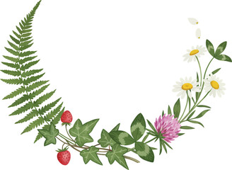 Floral crescent shaped arrangement with ferns wildflowers and berries on transparent background