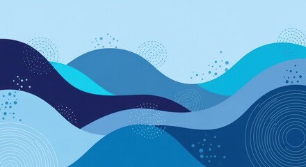 Abstract Water Waves Background with Circles and Dots in Various Shades of Blue