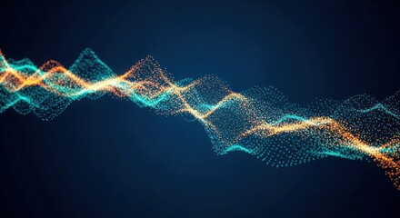 Abstract wave of connected dots in teal and orange on a dark blue background