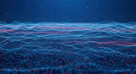 Abstract wavy background of dots and lines in blue and red colors creating futuristic and dynamic