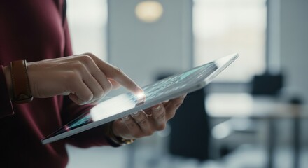 Close up shot of person using a tablet device for work or communication purposes showing modern