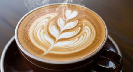 Close-up capturing the enticing steam rising from a beautifully crafted latte art coffee