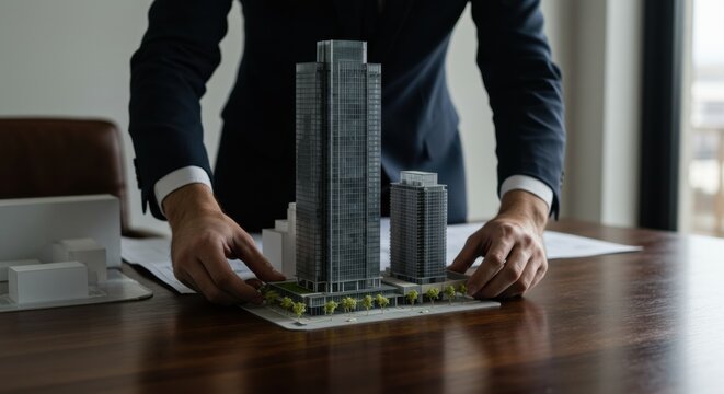 Architectural model presentation office environment business meeting contemporary professional viewpoint urban development concepts