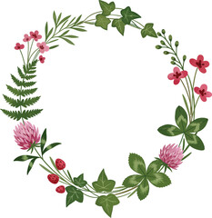 Floral wreath featuring leaves flowers and berries on transparent background