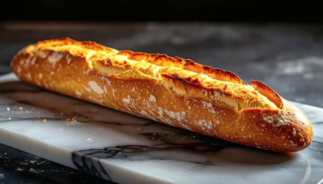 Warm, Golden-Crusted Artisan Baguette with a Floury Finish on a Marble Slab