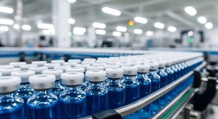 Fototapeta premium Pharmaceutical production line with vaccine vials, modern factory manufacturing medical drugs, healthcare industry and biotechnology concept
