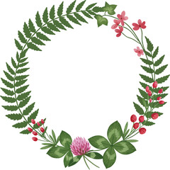 Watercolor wreath of green fern leaves and pink flowers on transparent background