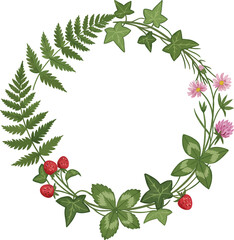 Floral wreath of ferns berries and wildflowers on transparent background
