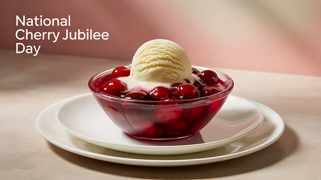 A bowl of cherry jubilee dessert with vanilla ice cream, served on a white plate.