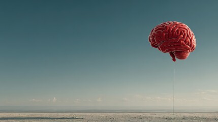 Red brain floats in a blue sky above a flat landscape.