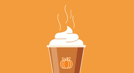 Vector illustration of a pumpkin spice latte with whipped cream, perfect for autumn-themed advertising, seasonal promotions, and festive graphic designs.