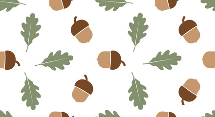 Delightful acorns and oak leaves pattern on a clean white background. Ideal for textile design, fall-themed crafts, or seasonal marketing materials © Xisxas