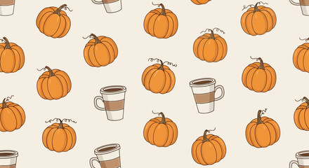 Autumnal Delight Seamless Pattern Featuring Pumpkins and Coffee Cups for Seasonal Decorations, Textiles, and Festive Backgrounds, Aligned with Adobe Stock's Aesthetic Standards.