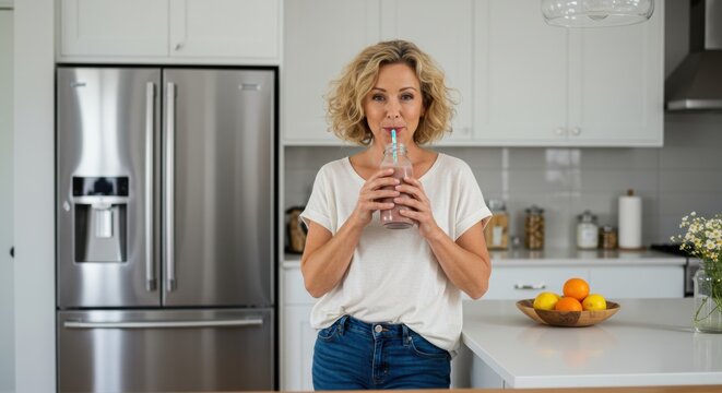 Refreshing smoothie enjoyment in modern kitchen drink lifestyle indoor casual healthy living