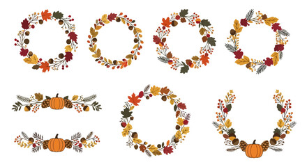 Autumnal Wreath and Border Collection Featuring Fall Foliage and Pumpkins, Perfect for Seasonal Greetings, Invitations, and Thanksgiving-Themed Design Projects.