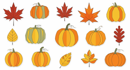 Autumnal Arrangement Featuring Pumpkins and Leaves in Varied Hues, Ideal for Seasonal Decorations, Thanksgiving Invitations, and Fall-Themed Graphic Design Projects