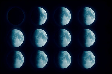 Naklejka premium Twelve phases of the moon displayed in a grid against a dark sky