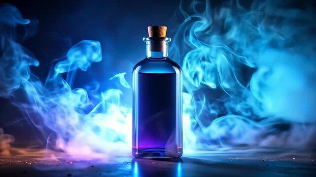 Mysterious potion in a glass bottle surrounded by blue smoke, abstract background